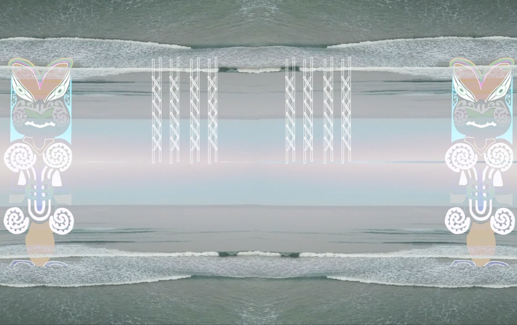 Mirroed to reflect one another, small waves on a gray ocean break, overlaid with digital tekoteko and tukutuku
